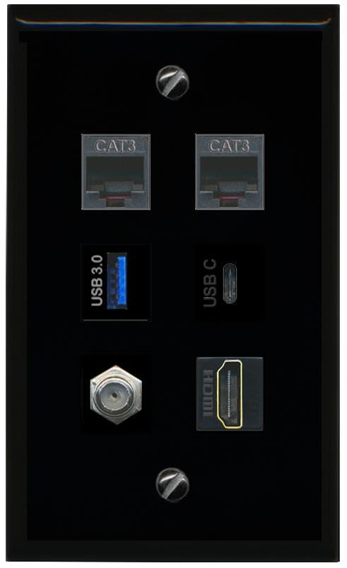 RiteAV Coax HDMI 2 Phone USB 3 USBC Flat/Solid Wall Plate [Black]