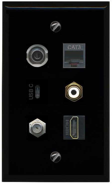 RiteAV 3.5mm Coax HDMI Phone RCA White USBC Flat/Solid Wall Plate [Black]
