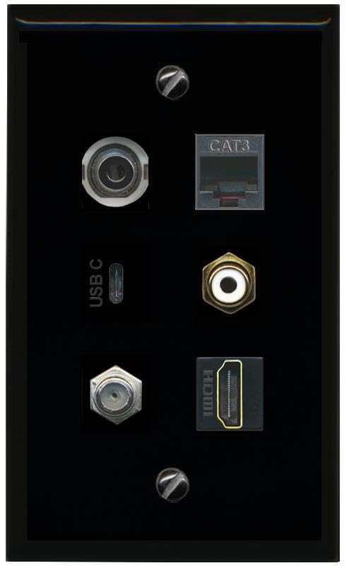 RiteAV 3.5mm Coax HDMI Phone RCA White USBC Flat/Solid Wall Plate [Black]