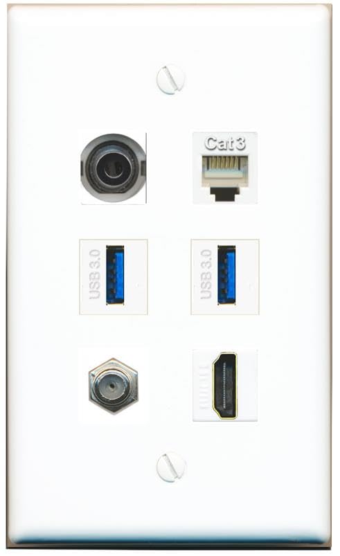 RiteAV 3.5mm Coax HDMI Phone 2 USB-3 Flat/Solid Wall Plate [White]