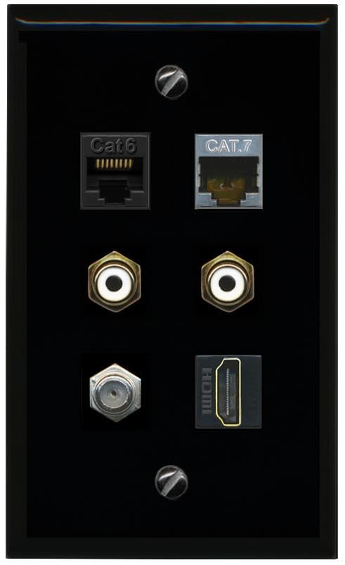 RiteAV CAT6 CAT7 COAX HDMI 2 RCA WHITE Flat/Solid Wall Plate [Black]