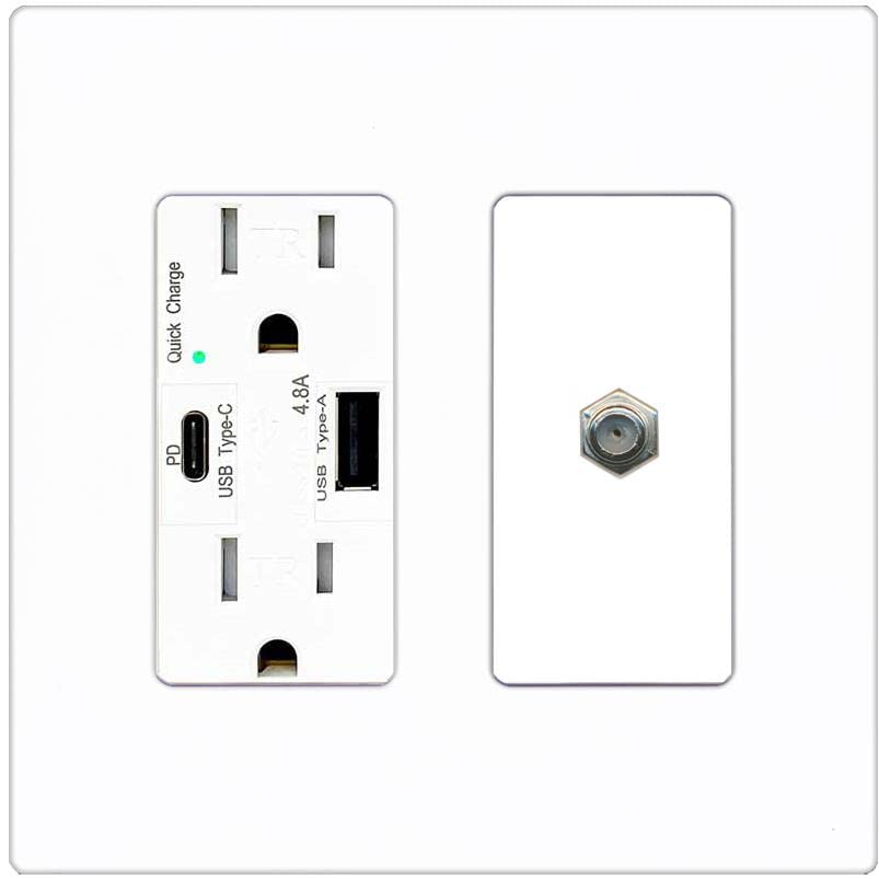 RiteAV 1 Port Coax Cable TV F-Type Wall Plate - USB A+C Charger [Screwless White]