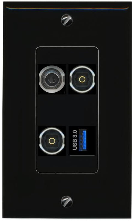 RiteAV 3.5mm 2 TOSLINK USB-3 Wall Plate Decorative [Black]