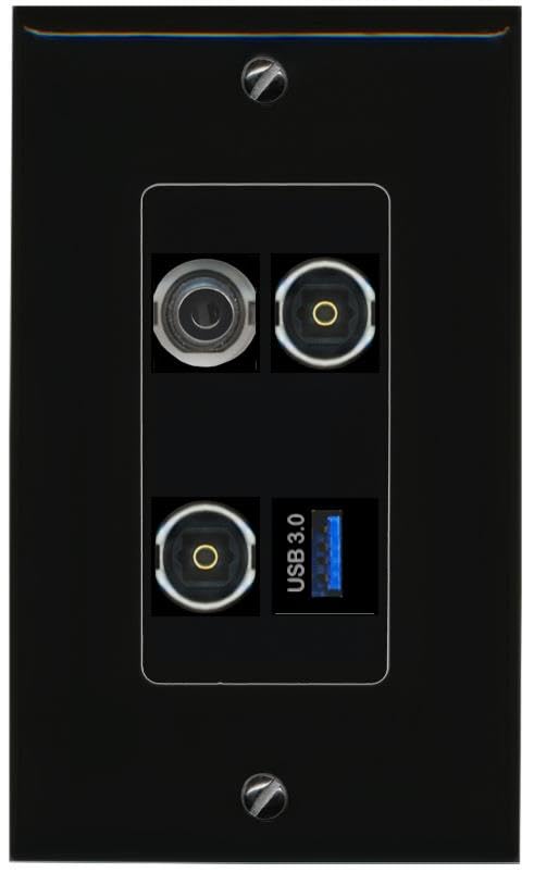 RiteAV 3.5mm 2 TOSLINK USB-3 Wall Plate Decorative [Black]