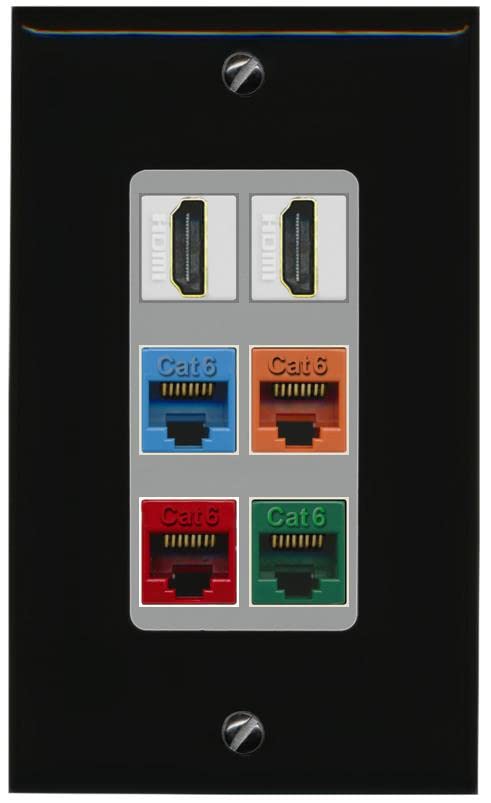 RiteAV 2 HDMI 4 Cat6 Ethernet Mixed Color Wall Plate - 1 Gang [Black/Gray]