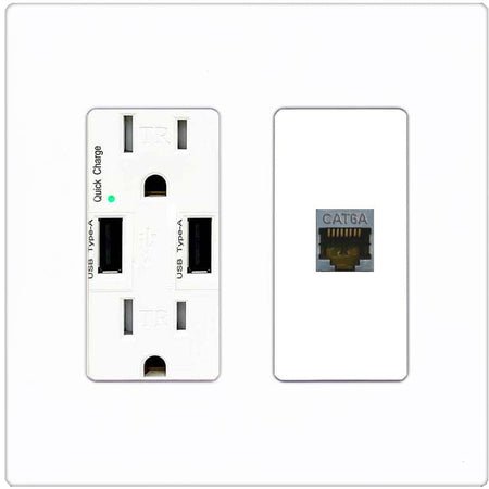 RiteAV 1 Port Cat6A Wall Plate - USB Charger [Screwless White]