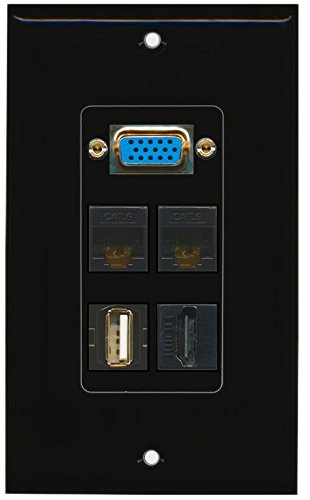 RiteAV - (1 Gang SVGA USB A-A (Black) HDMI Black 2 Cat6 Black Wall Plate Black