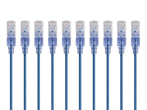 Monoprice Cat6A Ethernet Patch Cable - Snagless RJ45, 550Mhz, 10G, UTP, Pure Bare Copper Wire, 30AWG, 10-Pack, 7 Feet, Blue - SlimRun Series