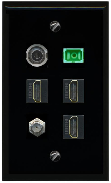RiteAV 3.5mm COAX 3 HDMI SC APC Simplex Fiber Flat/Solid Wall Plate [Black]
