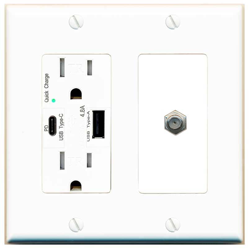 RiteAV 1 Port Coax Cable TV F-Type Wall Plate - USB A+C Charger [White/White]