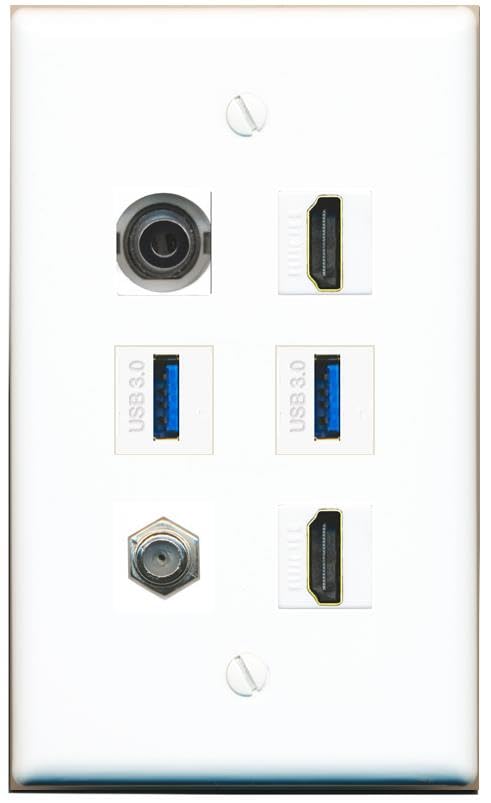 RiteAV 3.5mm Coax 2 HDMI 2 USB-3 Flat/Solid Wall Plate [White]