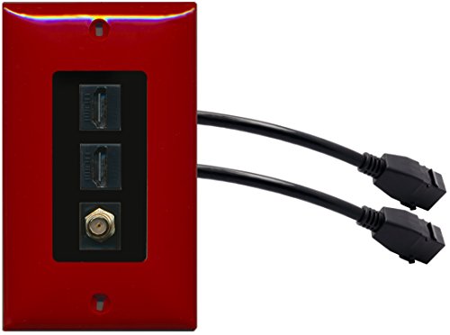 RiteAV (1 Gang Decorative 2 HDMI Black Coax Wall Plate w/Pigtail Extension Cable Red (Black Insert)