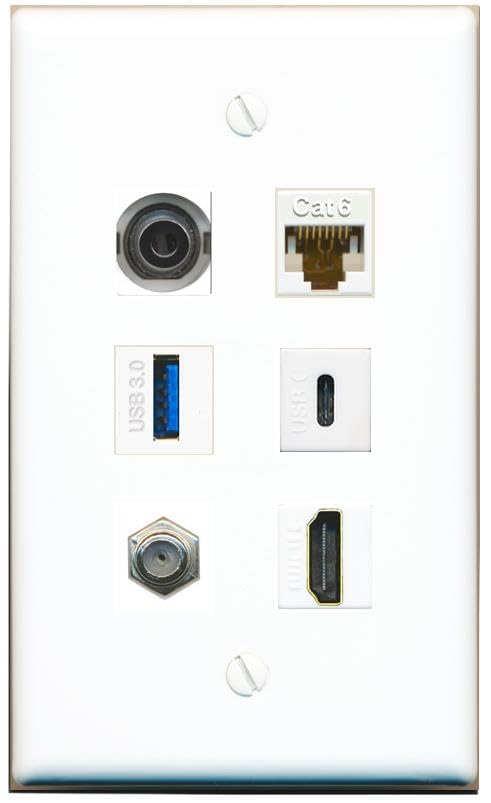 RiteAV 3.5mm CAT6 Coax HDMI USB-3 USBC Flat/Solid Wall Plate [White]