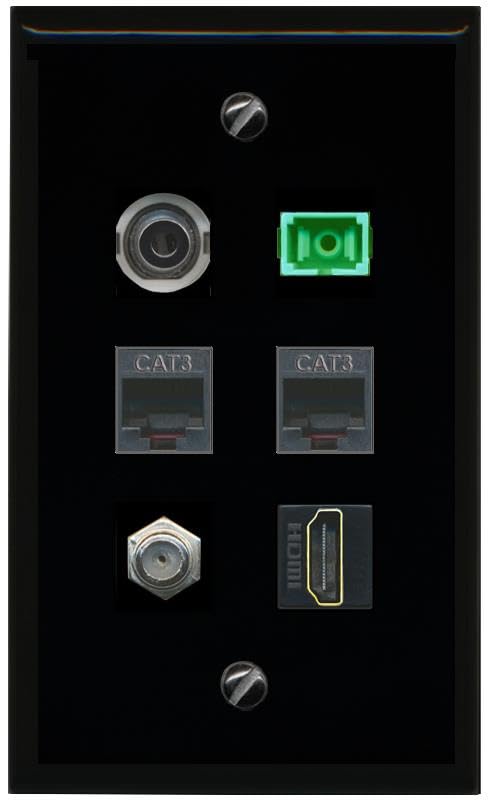 RiteAV 3.5mm COAX HDMI 2 PHONE SC APC Simplex Fiber Flat/Solid Wall Plate [Black]