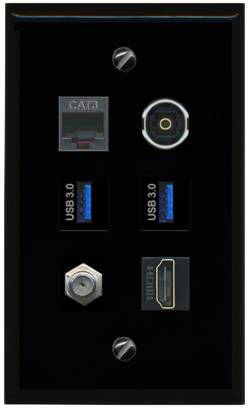 RiteAV Coax HDMI Phone TOSLINK 2 USB 3 Flat/Solid Wall Plate [Black]