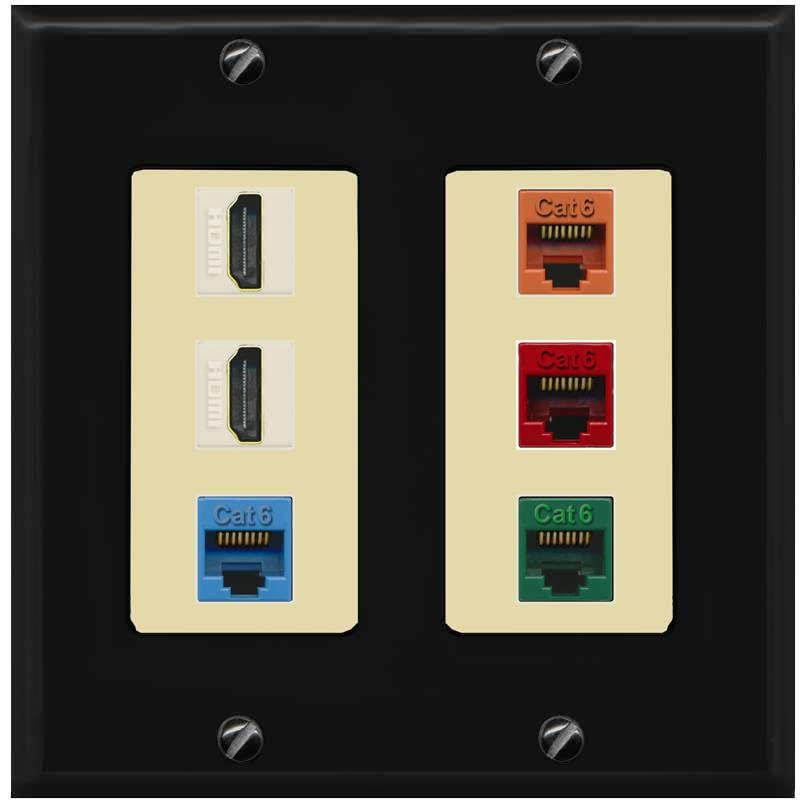 RiteAV 2 HDMI 4 Cat6 Ethernet Mixed Color Wall Plate - 2 Gang [Black/Ivory]