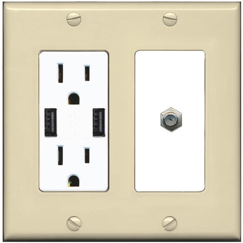 RiteAV 1 Port Coax Cable TV F-Type Wall Plate - USB Charger [Ivory/White]