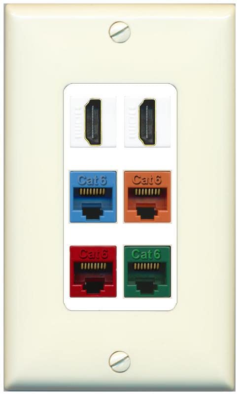 RiteAV 2 HDMI 4 Cat6 Ethernet Mixed Color Wall Plate - 1 Gang [Light-Almond/White]