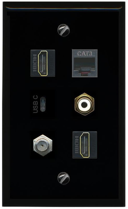RiteAV Coax 2 HDMI Phone RCA White USBC Flat/Solid Wall Plate [Black]