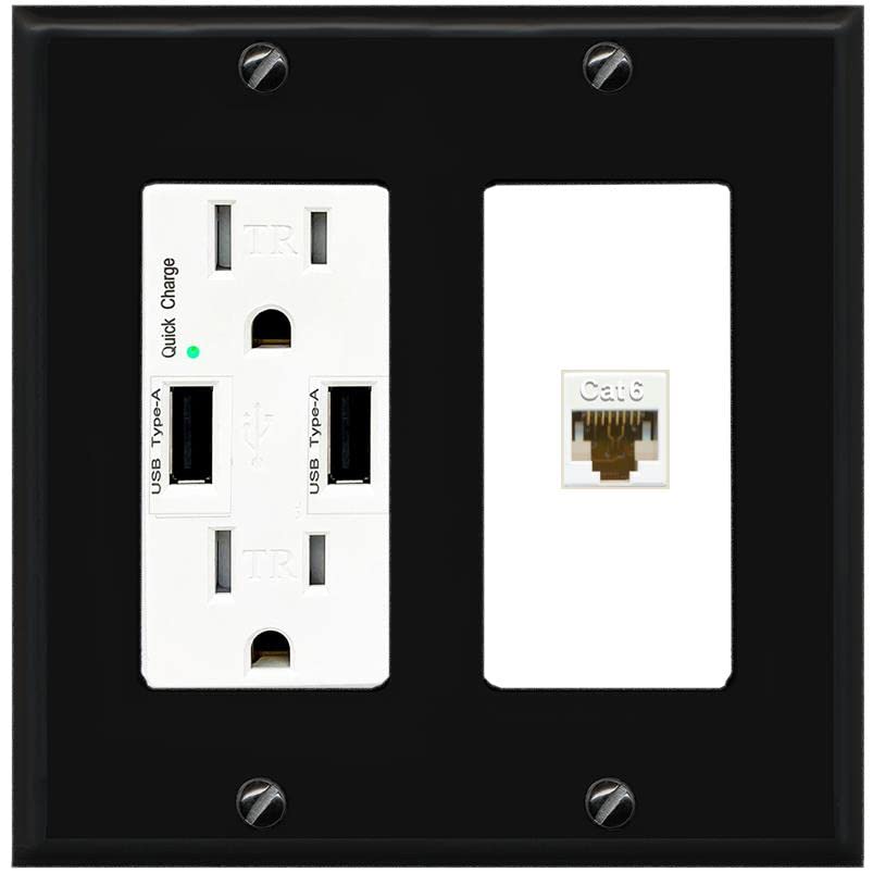 RiteAV 1 Port Cat6 Ethernet Wall Plate Female-Female - USB Charger [Black/White]