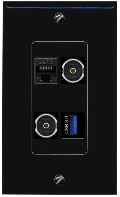 RiteAV CAT6 2 TOSLINK USB-3 Wall Plate Decorative [Black]