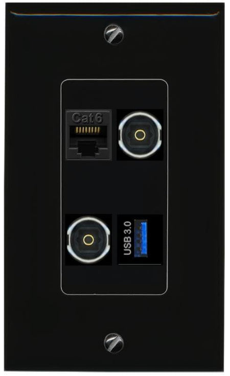 RiteAV CAT6 2 TOSLINK USB-3 Wall Plate Decorative [Black]