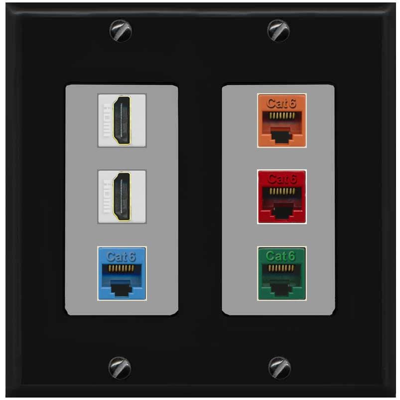 RiteAV 2 HDMI 4 Cat6 Ethernet Mixed Color Wall Plate - 2 Gang [Black/Gray]