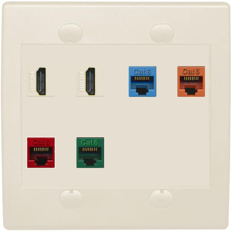 RiteAV 2 HDMI 4 Cat6 Ethernet Mixed Color Wall Plate - Flat 2 Gang [Light Almond]
