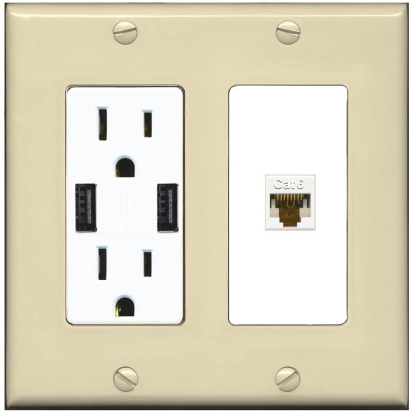 RiteAV 1 Port Cat6 Ethernet Wall Plate Female-Female - USB Charger [Ivory/White]