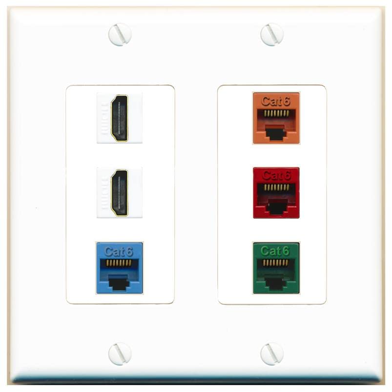 RiteAV 2 HDMI 4 Cat6 Ethernet Mixed Color Wall Plate - 2 Gang [White/White]