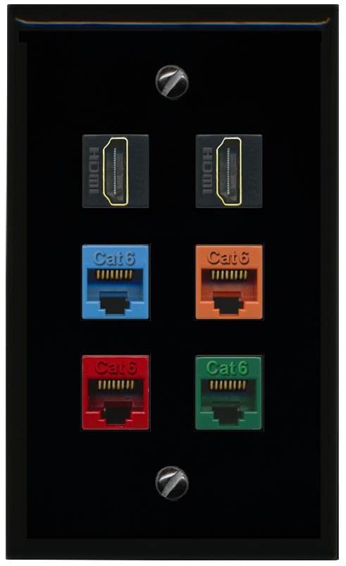 RiteAV 2 HDMI 4 Cat6 Ethernet Mixed Color Wall Plate - Flat [Black/Black]