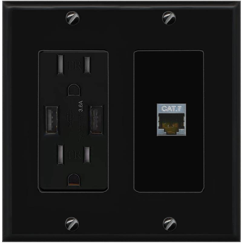 RiteAV 1 Port Cat7 Shielded Ethernet Wall Plate - USB Charger [Black/Black]