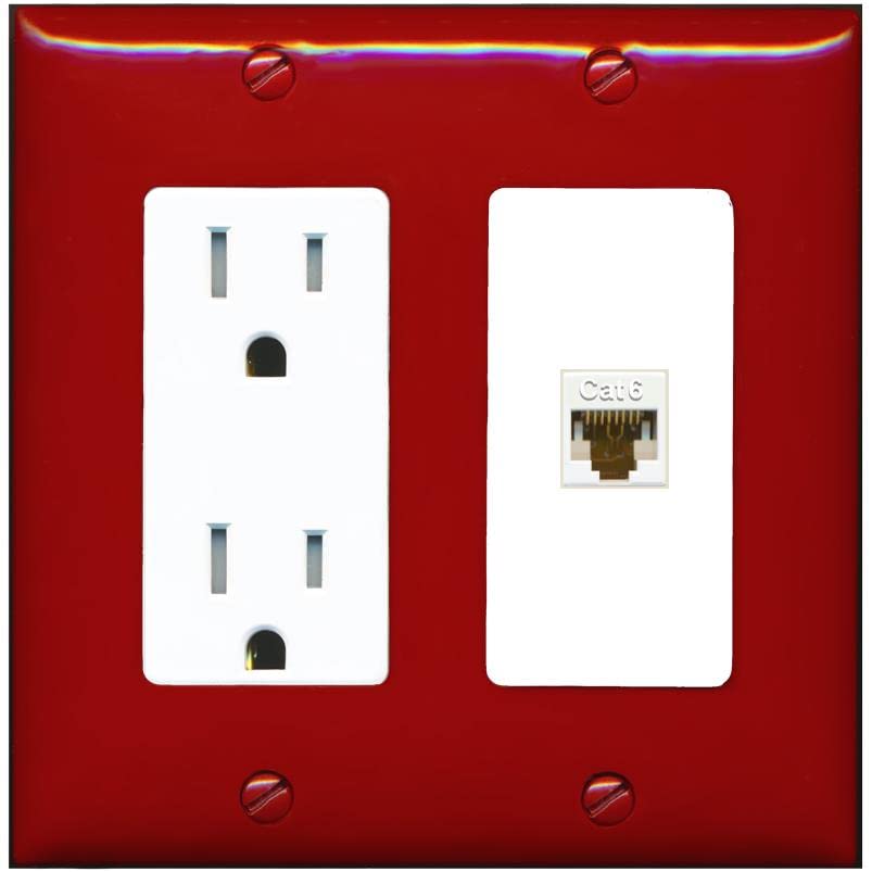 RiteAV 1 Port Cat6 Ethernet Wall Plate Female-Female - Tamper-Resistant [Red/White]