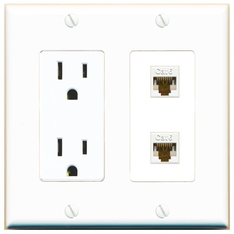 RiteAV 2 Port Cat6 Ethernet Wall Plate - Outlet [White/White]