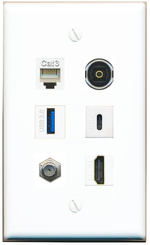 RiteAV Coax HDMI Phone TOSLINK USB-3 USBC Flat/Solid Wall Plate [White]