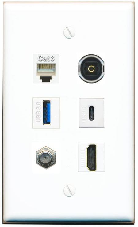 RiteAV Coax HDMI Phone TOSLINK USB-3 USBC Flat/Solid Wall Plate [White]