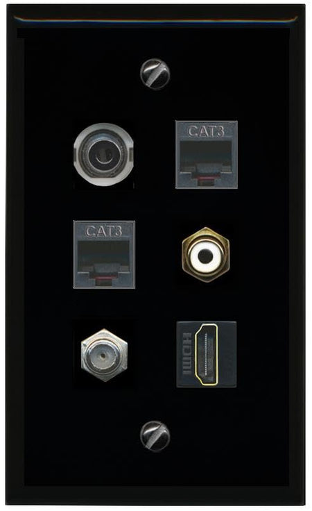RiteAV 3.5mm COAX HDMI 2 PHONE RCA WHITE Flat/Solid Wall Plate [Black]