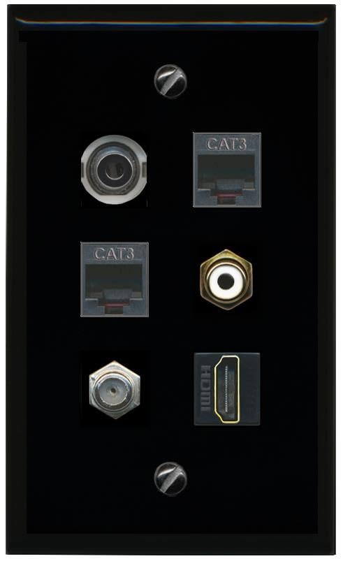 RiteAV 3.5mm COAX HDMI 2 PHONE RCA WHITE Flat/Solid Wall Plate [Black]