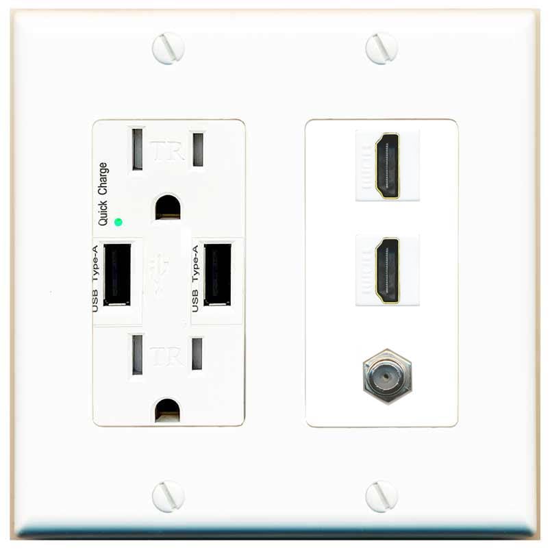 COAX 2 HDMI Wall Plate-USB Charger White