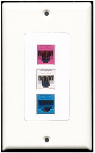 RiteAV 1 Port Cat5e Ethernet White 1 Cat5e Ethernet Blue 1 Cat5e Ethernet Pink Wall Plate OVERSIZED