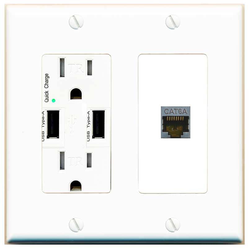 RiteAV 1 Port Cat6A Wall Plate - USB Charger [White/White]