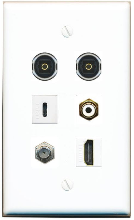 RiteAV Coax HDMI RCA-White 2 TOSLINK USBC Flat/Solid Wall Plate [White]