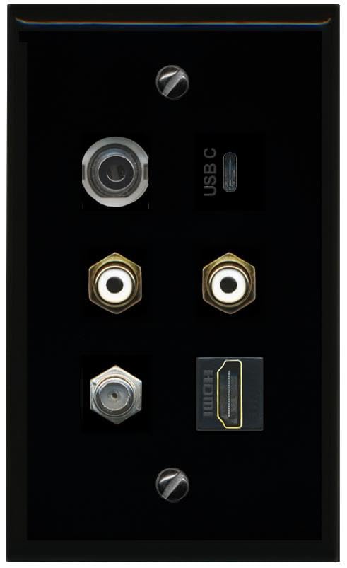 RiteAV 3.5mm Coax HDMI 2 RCA White USBC Flat/Solid Wall Plate [Black]