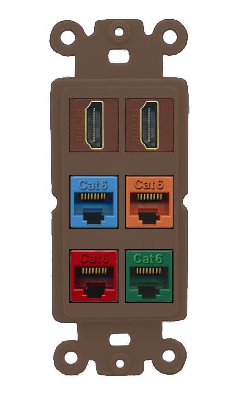 RiteAV 2 HDMI 4 Cat6 Ethernet Mixed Color Wall Plate - Rocker [Brown/Brown]