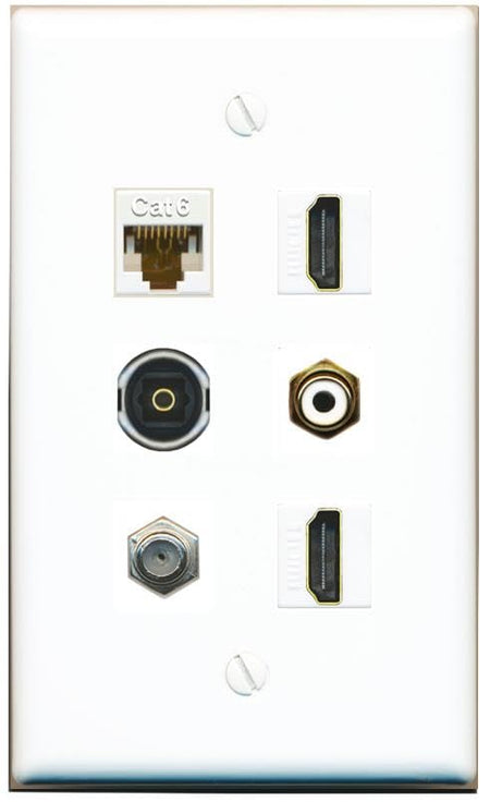 RiteAV CAT6 Coax 2 HDMI RCA-White TOSLINK Flat/Solid Wall Plate [White]