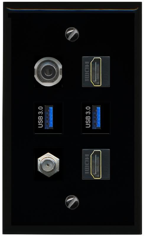 RiteAV 3.5mm Coax 2 HDMI 2 USB 3 Flat/Solid Wall Plate [Black]