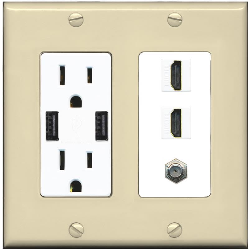 COAX 2 HDMI Wall Plate-USB Charger Ivory/White
