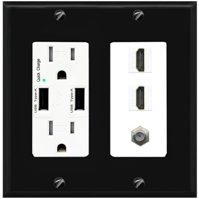 COAX 2 HDMI Wall Plate-USB Charger Black/White