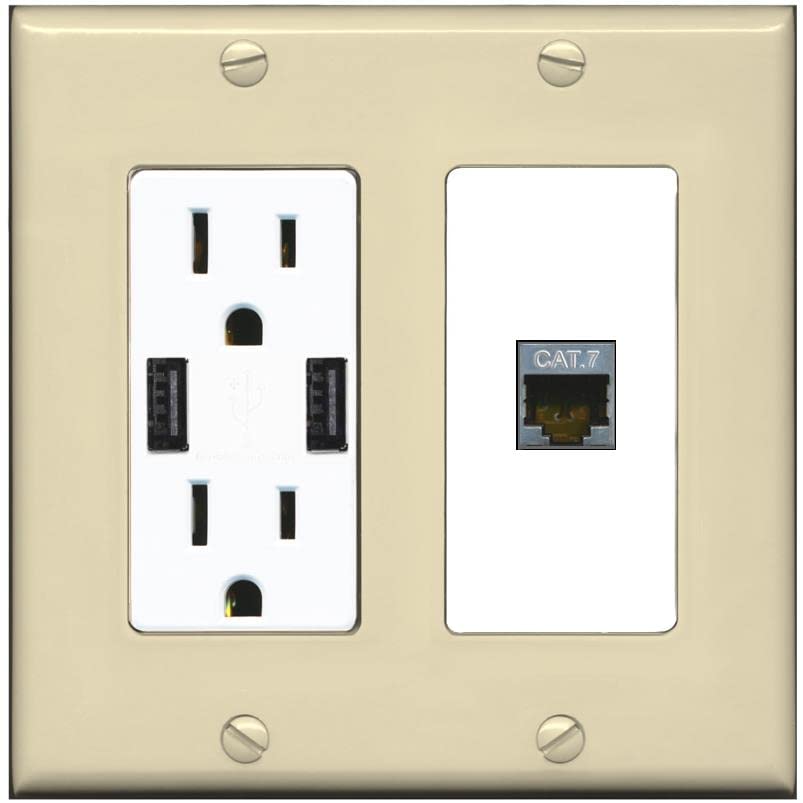 RiteAV 1 Port Cat7 Shielded Ethernet Wall Plate - USB Charger [Ivory/White]