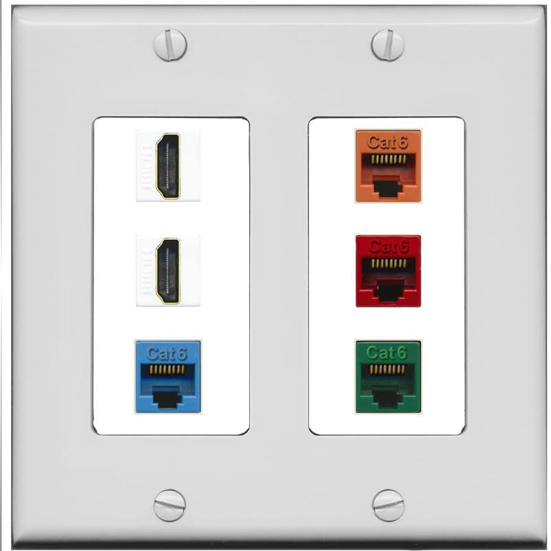 RiteAV 2 HDMI 4 Cat6 Ethernet Mixed Color Wall Plate - 2 Gang [Gray/White]